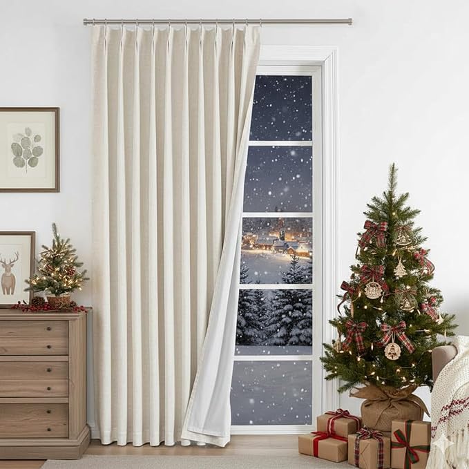 Vision Home Natural Pinch Pleated Full Blackout Curtains Linen Blended Room Darkening Window Curtains 102 inch for Living Room Bedroom Thermal Insulated Pinch Pleat Drapes with Hooks 60" Wx102 Lx1