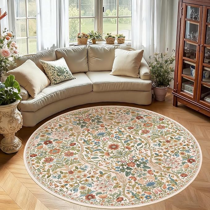 Round Rug 6ft Beige Washable Floral Circle Rug,Vintage Boho Botanical Round Area Rugs, Non-Slip Soft Low-Pile Circular Carpet for Bedroom,Kids Room,College Dorm,Home Decor