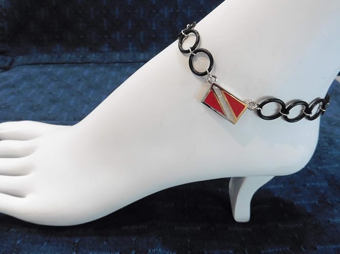 Dive Flag Anklet or Bracelet - Tarnish-Free Rhodium-Plated Bronze or Brass, with Inlay of Simulated Red Coral and Mother-of-Pearl Chips, with O-Ring "Chain" (7", 8" or 9") (9)
