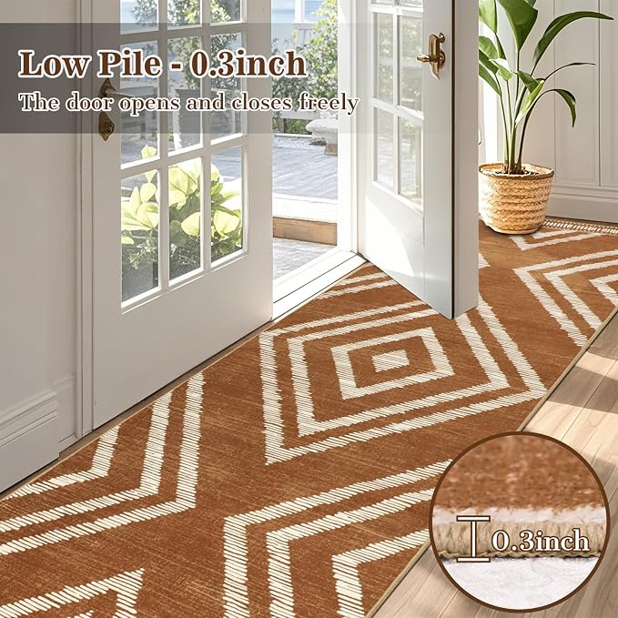 Boho Hallway Runner Rugs 3x10ft Non Slip, Long Brown Washable Kitchen Rug Runners Non Shedding, Geometric Floor Carpet for Bedroom Farmhouse Entryway Living Room Home Decor