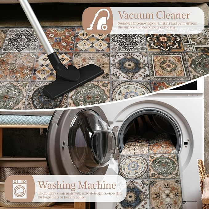 Washable Entryway Rug 3'x5 Non-Slip Backing Vintage Indoor Rug Low Pile Lighrweight Carpet for High-Traffic Indoor Entrance & Kitchen Farmhouse Decor