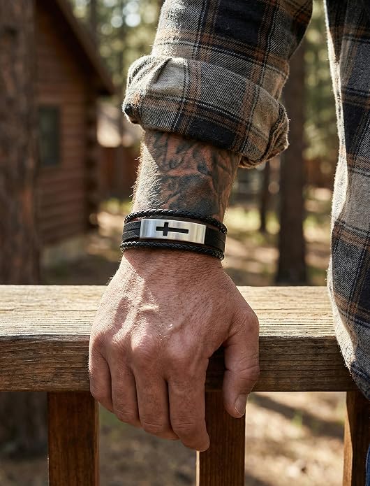 Mens Leather Cross Bracelet Multilayer Braided Wristband Bangle Bracelets with Stainless Steel Buckle Religious Gift for Men Brown/Black/Blue–8.3 inch