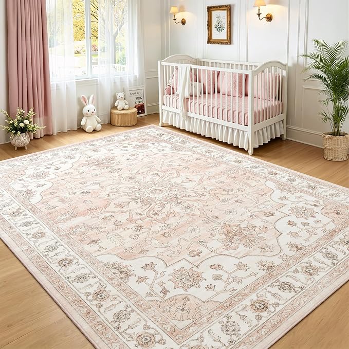 Washable Rug for Living Room Bedroom, 8x10 Area Rugs for Dining Room Home Office, Non Slip Low Pile Rug Indoor, Vintage Boho Floral Medallion Carpet, Pink