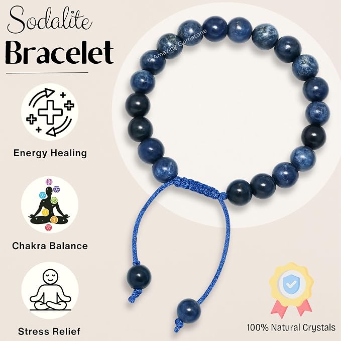 Amazing Gemstone Sodalite Bracelet for Women Men's Gifts - Protection Healing Crystal Bracelet - 8mm Gemstone Beaded Adjustable Bracelet