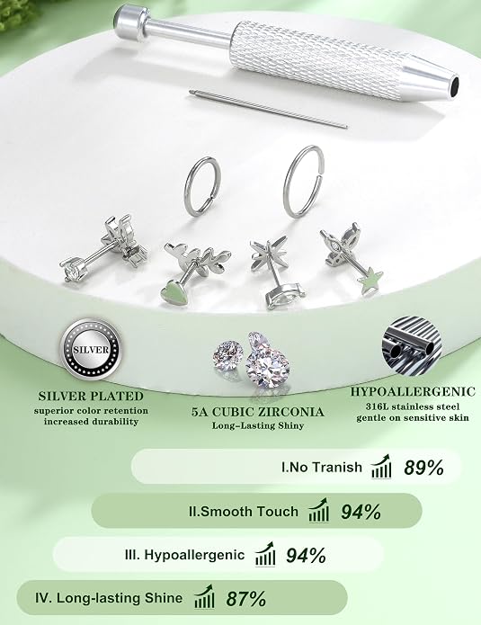 Drperfect 18G Reversible Flat Back Stud Earrings for Women Hypoallergenic Surgical Steel 14K Gold Silver Plated Internal Thread Stud Piercing Jewelry for Tragus Helix Cartilage Conch Piercing