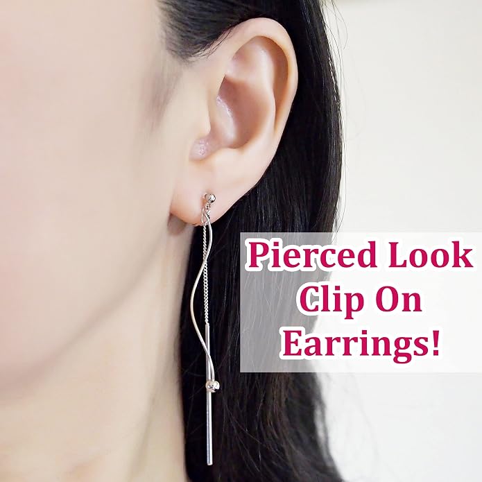 Comfortable Stick Invisible Clip On Earrings Gold Dangle Long Waved Threader Bar Clip-On Non Pierced Earrings Silver For Women,…