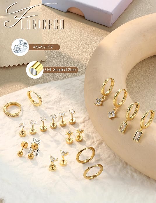 Florideco Hypoallergenic Flat Back Earrings Gold Cartilage Earring Sets for Multiple Piercing Surgical Stainless Steel Earrings for Women Trendy Earring Stacks Small Hoops Flat Back Stud Earrings