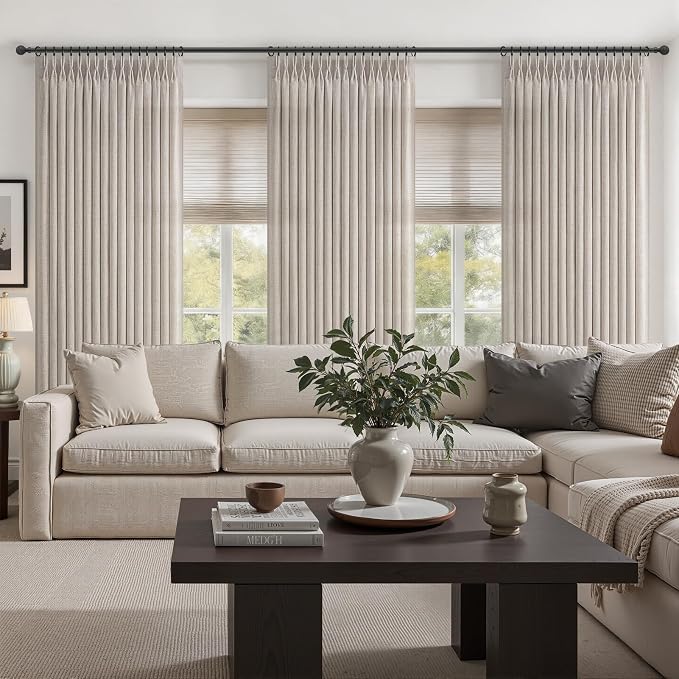 Extra Wide Pleated Flax Linen Greyish Brown Sheer Curtains 96 Inches Long