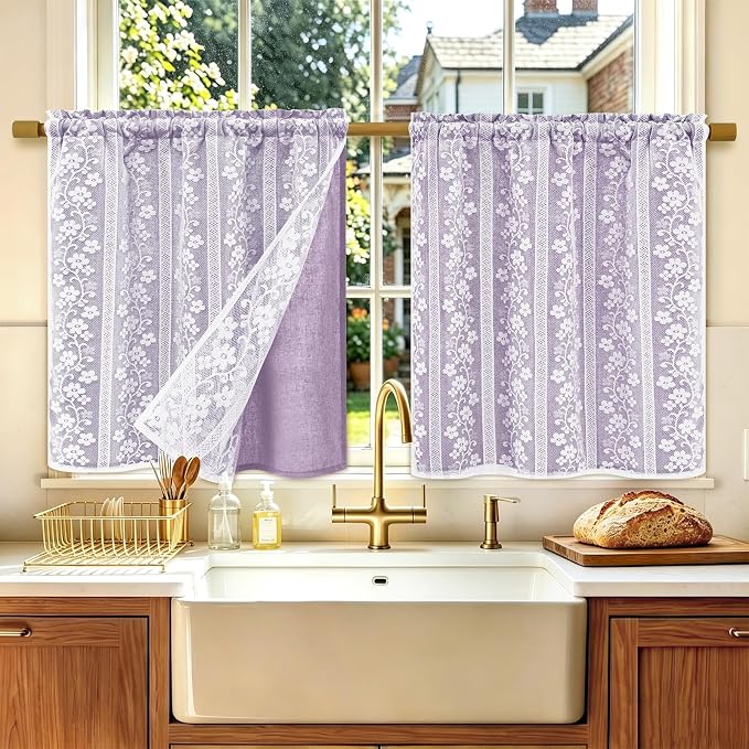 ASPMIZ Linen Kitchen Curtains Double Layer Kitchen Window Curtains Over Sink 24 Inch Length Purple Tier Curtain Light Filtering, Rod Pocket Cafe Curtain Short Window Treatments with 2 Tiebacks, 26x24