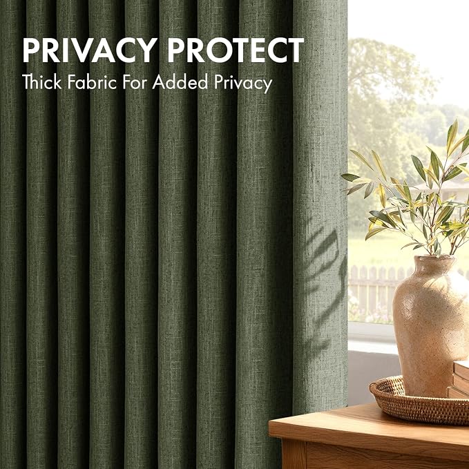 MIULEE 4 Panels Set Pinch Pleated Linen Curtains 96 Inches Long for Living Room Bedroom, Memory Trained Pinch Pleat Drapes Light Filtering Olive Green Semi Sheer Window Curtains Hooks Rings Back Tab