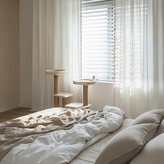 ColorBird White Boho Linen-Textured Curtains Floor to Ceiling Sliding Doors 96 Inches Light Filtering Farmhouse Whimsical Embroidered Striped Drapes for Living Dining Nursery Bedroom Window Treatment