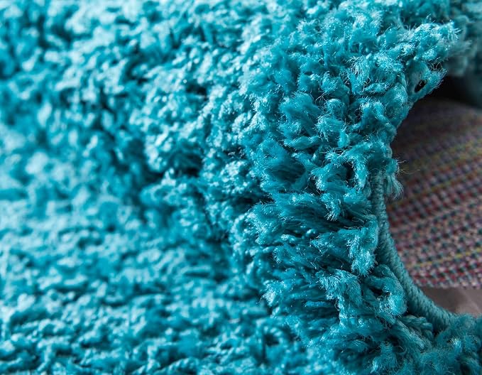 Unique Loom Solid Shag Collection Area Rug (6' 1" Round, Deep Aqua Blue) | Modern solid area rug for dining room, entryway & bedroom. Stain-resistant, easy-care, kid & pet friendly
