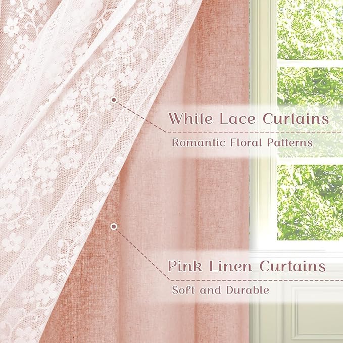 ASPMIZ Linen Valances for Windows Farmhouse, Double Layers Kitchen Curtains with Linen and Lace, Rustic Valance Curtains for Small Window, Kitchen, Bathroom, Cafe, 52 x 18 Inch Rod Pocket, Pink