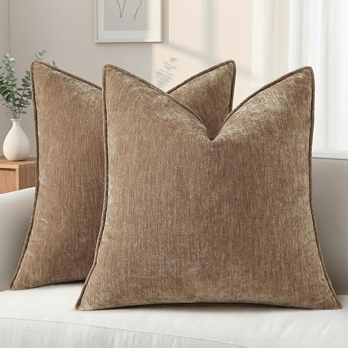 decorUhome Chenille Brown Velvet Throw Pillow Covers 16x16 Set of 2 | Fall Soft Couch Decorative Modern Farmhouse Pillow Cases with Elegant Design for Sofa Bed Living Room Home Decor