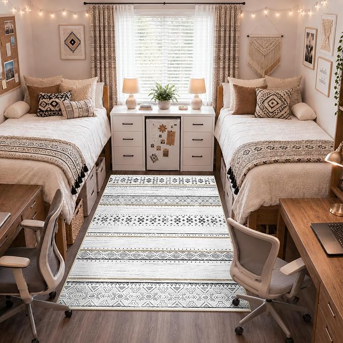 BESTSWEETIE 5x7 Area Rugs for Living Room Washable Moroccan Farmhouse Neutral Geometric Low Pile Non-Slip Soft Print Pattern Rug for Bedroom Kitchen Dining Room Entryway Black/Brown