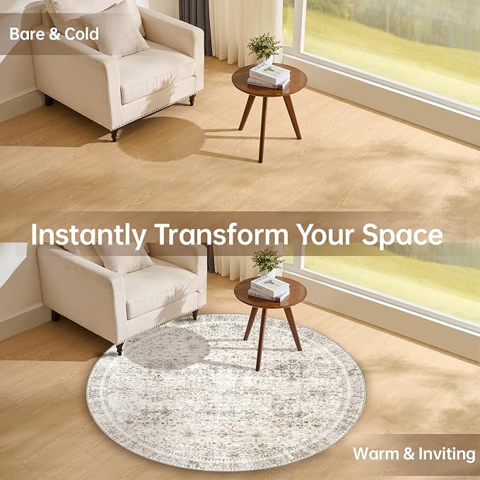 Sasttie Round Rug 4ft, Ultra-Soft Washable Circle Rug, Low Pile Foldable Thin Carpets with Non-Slip Backing, Skin-Friendly Stain Resistant Carpet for Living Room, Bedroom, Kitchen, Dorm, 4ft, Beige