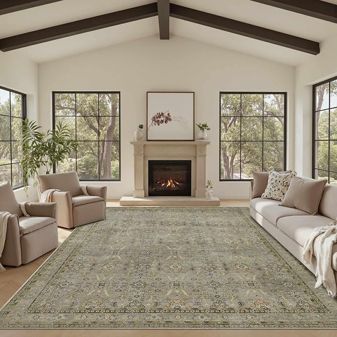 Rugxara 8x10 Area Rugs for Living Room Large Washable Rug, Olive Brown | Non Slip, Rug for Dining Room Bedroom Office Kids Room, Stain Resistant, Soft, Low Pile, Vintage Boho Retro Carpet,Home Decor