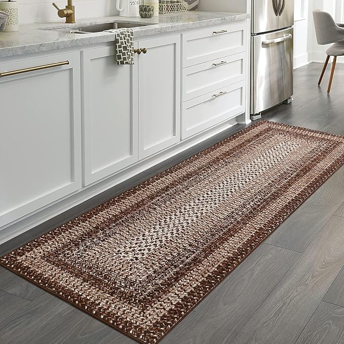 RUGSREAL Runner Rug 2x8 Machine Washable Hallway Runner Rug Entryway Long Runner Carpet Braided Printed Throw Mat Non Slip Kitchen Mat Living Room Rustic Carpet for Bedroom Dining Room, Brown