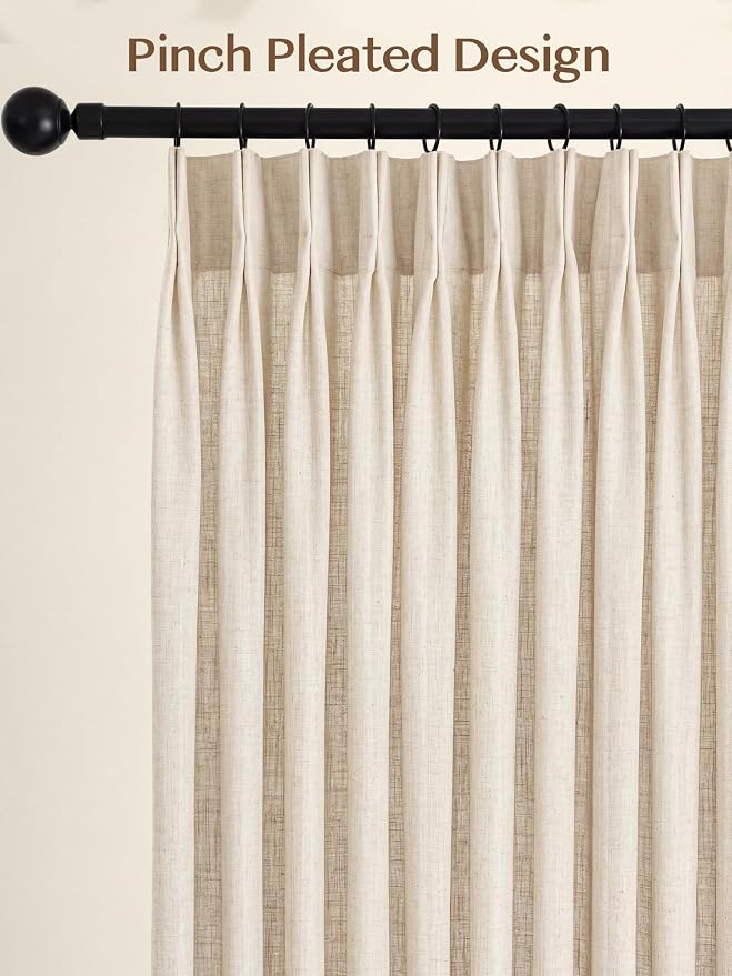 Liz Pinch Pleated Linen Curtains 100 Inches Long - Light Filtering Curtains for Living Room, Semi Sheer Window Curtains for Bedroom, Luxury Pinch Pleated Drapes with Hooks, Natural, 2 Panels Set