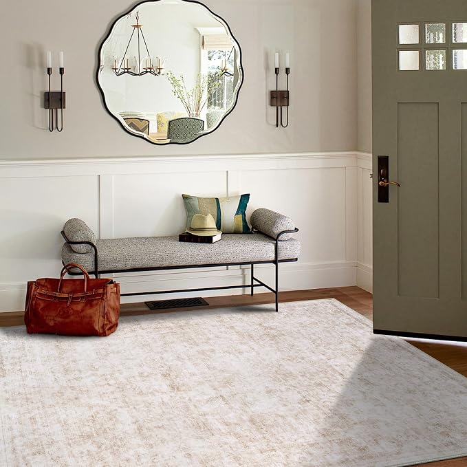 6x9 Area Rugs for Living Room Rug Washable: Modern Rug for Dining Room Bedroom Carpet Non Slip Low Pile 6 by 9 Indoor Abstract Nursery Home Office Beige White