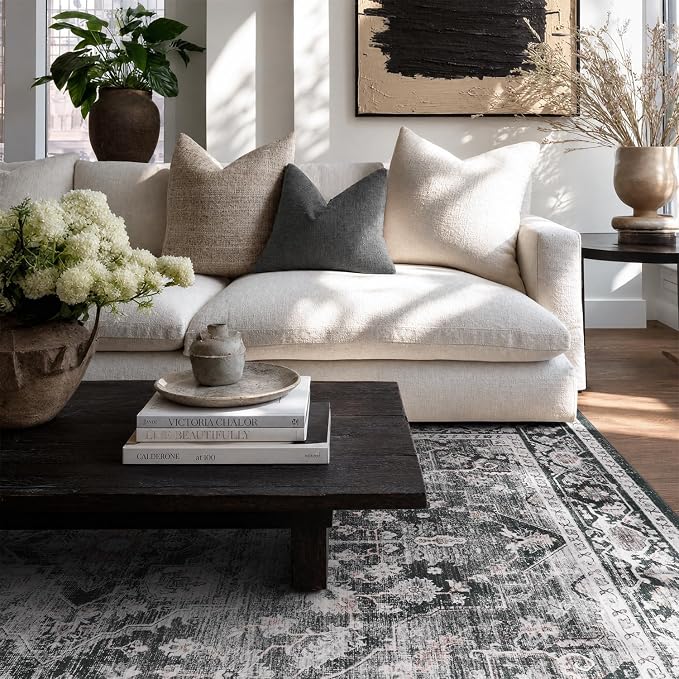 AMOAMI-Area Rug 6X9 Rugs for Living Room-Vintage Sof Dark Grey & Black Rugs for Bedroom-Non Slip Carpet-Machine Washable Rug for Dining Room Living Room Bedroom Office Under Table