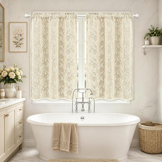 Yinhua Double Layer Kitchen Curtains 36 Inch Length Beige Blackout Curtains for Kitchen Rod Pocket Short Curtain for Windows, Small Window Curtain for Bathroom, Living Room, 2 Panels