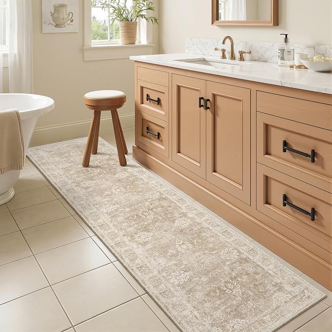 Madane Washable Runner Rug 2x5 with Non-Slip Rubber Backing, Vintage Kitchen Hallway Rug Soft Low Pile Throw Carpet Runner for Entryway Laundry Bathroom Bedroom Living Room (2 x 5, Beige/Brown)