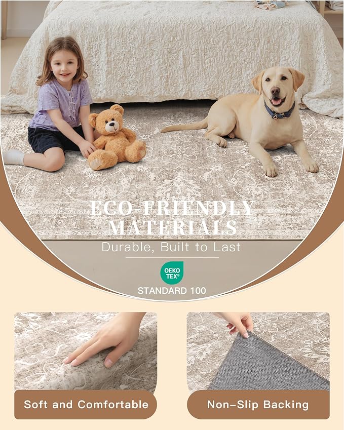 Madane Washable Runner Rug 2x5 with Non-Slip Rubber Backing, Vintage Kitchen Hallway Rug Soft Low Pile Throw Carpet Runner for Entryway Laundry Bathroom Bedroom Living Room (2 x 5, Brown/Sand)