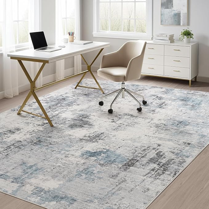 Abstract 12x18 Area Rug: Machine Washable Non Slip Ultra Thin Low-Pile Carpet, Soft Stain Resistant for Living Room Bedroom Office, Kid Pet Friendly, Robot Vacuum Compatible - Grey Blue