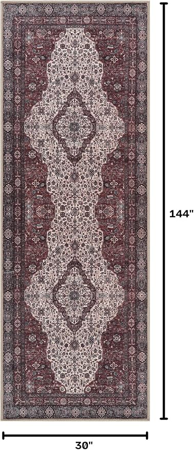 Bloom Rugs Washable Non-Slip 12 ft Runner - Red/Green/Cream Traditional Medallion Runner for Entryway, Hallway, Bathroom, and Kitchen - Exact Size: 2.5' x 12'