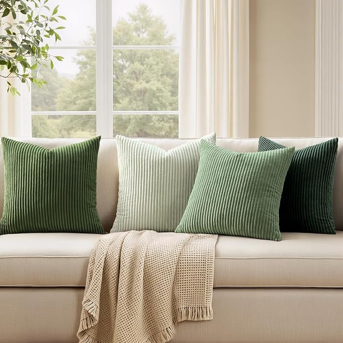 EMEMA Spring Green Decorative Throw Pillow Covers for Couch Bed Livingroom 18x18 Inch Set of 4 Boho Farmhouse Corduroy Striped Square Pillow Case,Western Modern Cushion Covers Home Decor