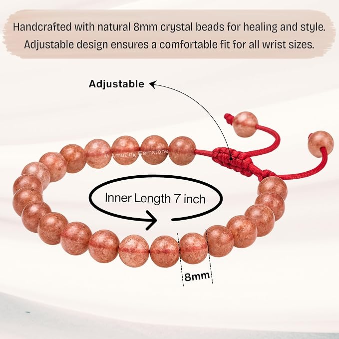 Amazing Gemstone Strawberry Quartz Bracelet for Women Men's Gifts - Protection Healing Crystal Bracelet - 8mm Gemstone Beaded Adjustable Bracelet