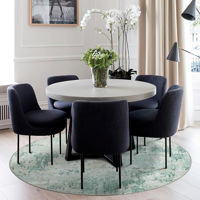 ROYHOME Modern Abstract 4x4 Round Area Rug Non Slip Non Shedding Rug Low Pile Stain Resistant for Bedroom Living Room Office Dining Room,Green
