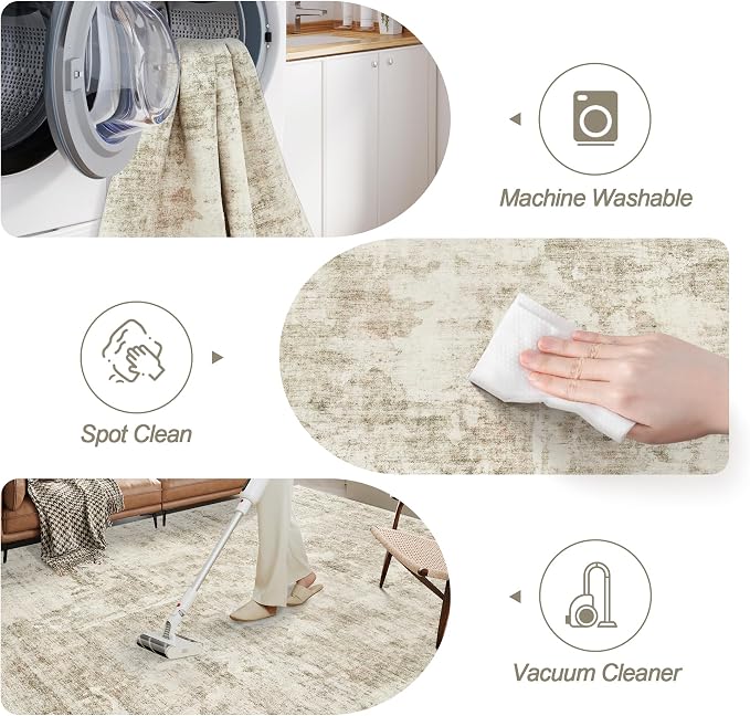 Soalmost 10x14 Area Rugs for Living Room, Non Slip Machine Washable Vintage Carpets, Low Pile Lightweight Large Rug for Bedroom, Dining Room, Home Office Beige Gray