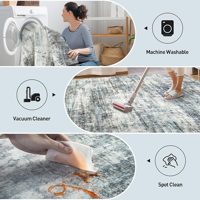 6x9 Area Rugs Washable Rug: Large Modern Abstract Living Room Rug Soft Anti-Skid Thin Carpet Indoor Floor Non-Shedding Carpets for Bedroom Dining Room Farmhouse Nursery Home Office Blue Multi