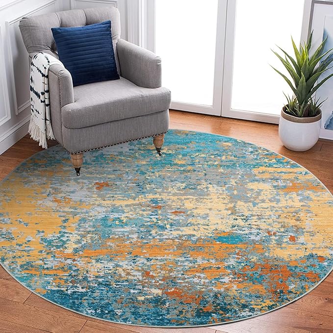 ROYHOME Modern Abstract 4x4 Round Area Rug Non Slip Non Shedding Rug Low Pile Stain Resistant for Bedroom Living Room Office Dining Room,Multi Color