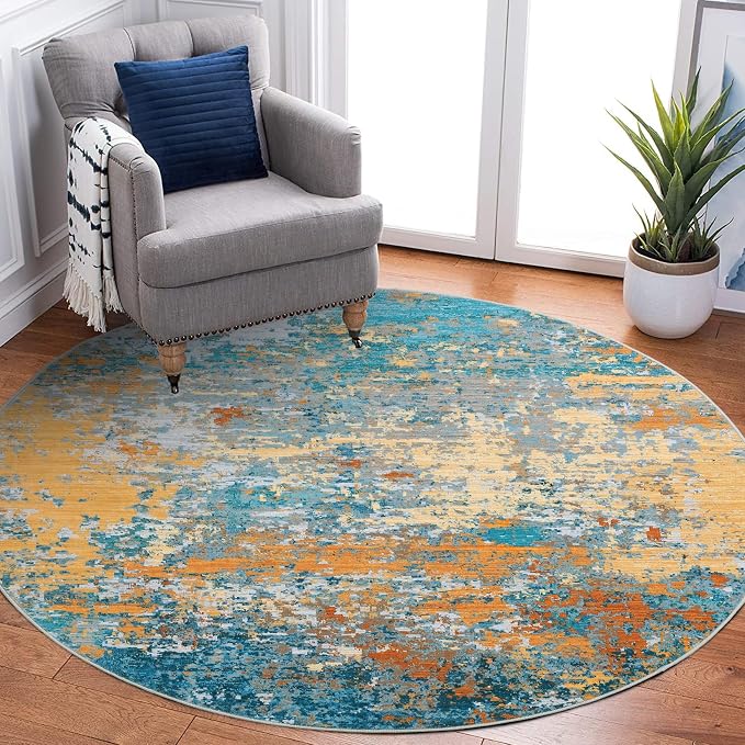 ROYHOME Modern Abstract 8x8 Round Area Rug Non Slip Non Shedding Rug Low Pile Stain Resistant for Bedroom Living Room Office Dining Room,Multi Color