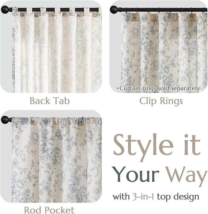 jinchan Blue Floral Linen Curtains 84 Inch Farmhouse Back Tab 2 Panels | Light filtering drapes, semi sheer, farmhouse, cottagecore, rustic, living room, bedroom, rod pocket, window treatment