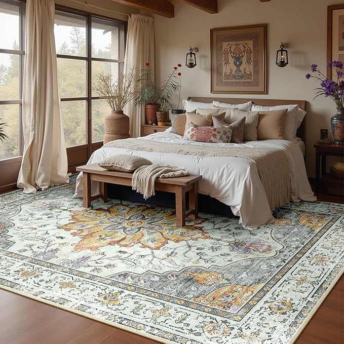 RELEANY Area Rugs Large 10'x14' Washable Non-Slip, Floral Vintage Distress Medallion Carpet for Living Room Bedroom Dining Room, Beige Carbon Grey Orange