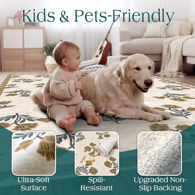 Beige Square Rug 4ft - Soft Washable Boho Farmhouse Square Entryway Rug Non Slip 4x4 Stain Resistant Cottage Floral Scalloped Throw Rugs for Living Room Bedroom Dining Room Bathroom Nursery
