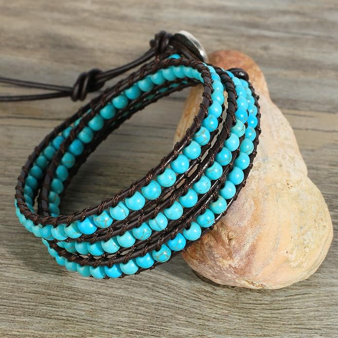 KELITCH Turquoise Beads Bracelets Leather 3 Wrap Bracelet Handmade Women Heart Jewelry