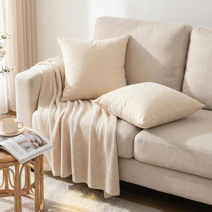 Set of 4 Khaki Throw Pillow Covers 18x18 Inch, Neutral Boho Farmhouse Aesthetic Decorative Pillow Cases for Couch, Sofa, Living Room & Bed, Soft Chenille Pillow Cases, Stylish Home Decor, 45x45 cm