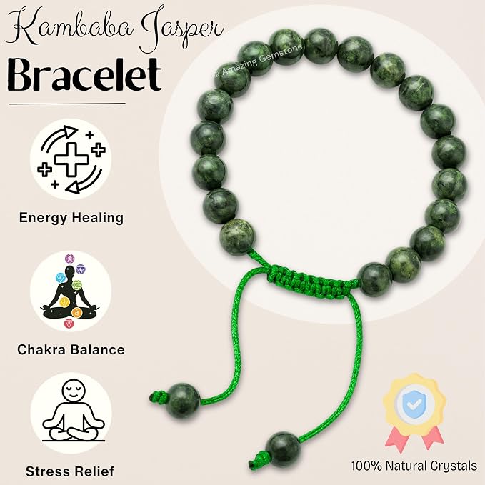 Amazing Gemstone Kambaba Jasper Bracelet, Gifts for Men & Women - Protection Healing Crystal Bracelet - 8mm Gemstone Beaded Adjustable Bracelet, Pulseras para Hombres Mujer Stocking Stuffers