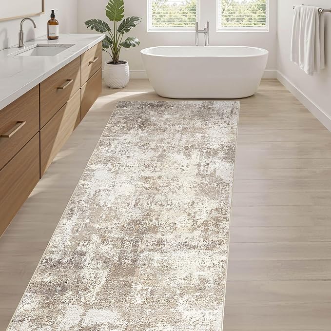 Runner Rug Kitchen Washable Rugs: 2x6 Non-Slip Abstract Soft Modern Stain Resistant Indoor Floor Neutral Accent Throw Carpet for Hallway Bathroom Laundry Room Entryway Bedroom- Beige Brown