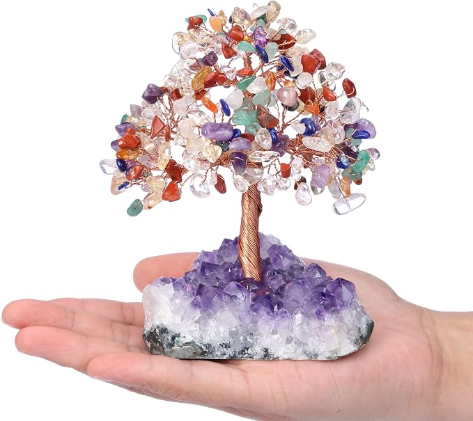 Jovivi Natural 7 Chakra Gemstone Healing Crystal Money Tree on Amethyst Cluster Geode Druzy Base Feng Shui Crystals for Home Office Desk Decorations, Wealth,Good Luck