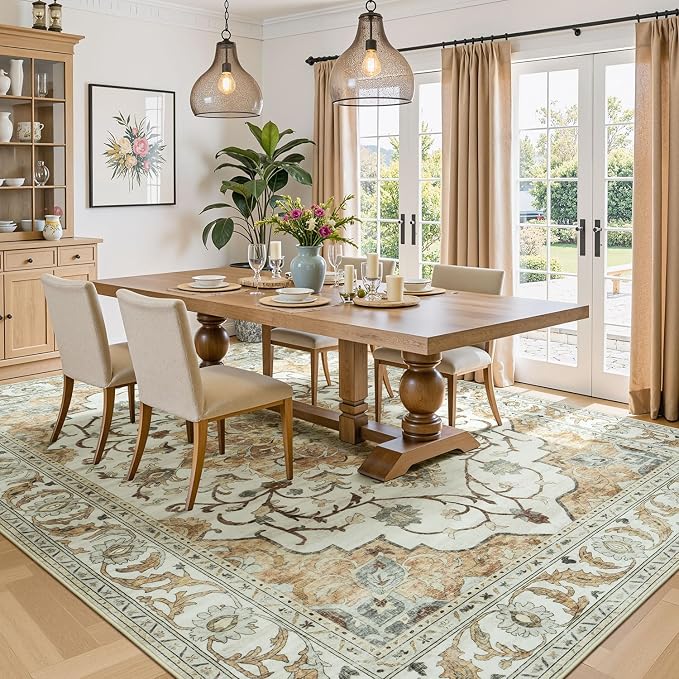 Lessymo Washable Area Rug for Living Room,9x12 Large Rugs with Non-Slip Backing,Soft Boho Carpets for Bedroom Dining Room Nursery Home Office,Light Beige