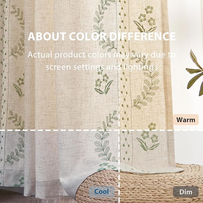 jinchan Floral Linen Curtains 84 Inch Back Tab 4 Panels Sage Green | Embroidered curtains,boho curtains,living room,bedroom,light filtering,privacy,flower patterned drapes,window treatment