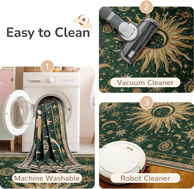Vacuum-Friendly, 2x10 Washable Area Rug, Green Gold Yellow | Sun and Moon Boho Gothic Non-Slip Low Pile Living Roon Bedroom Dining Room Kitchen Entry Entryway Entrance Hallway Doormat