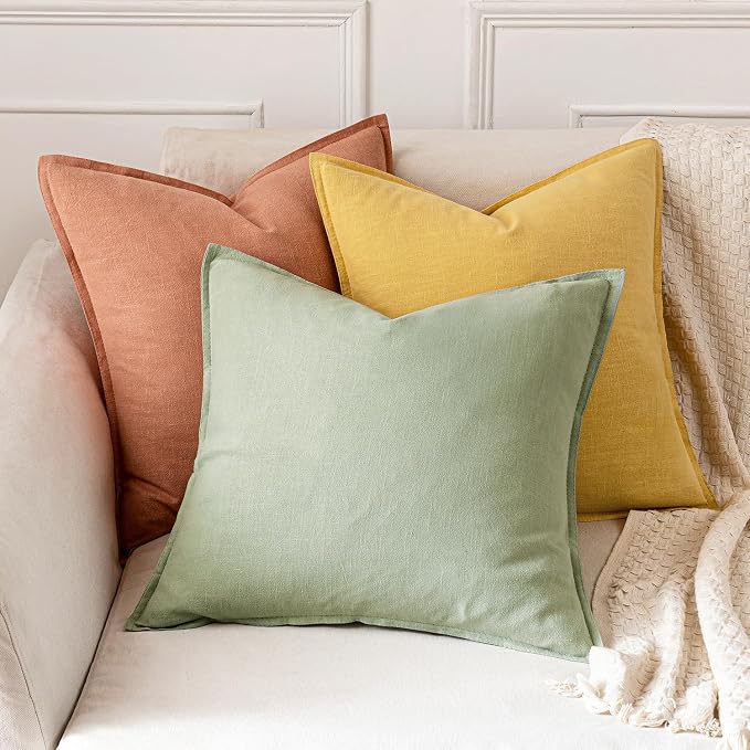 MIULEE Decorative Linen Pillow Covers 18x18 Inch Yellow | Boho Farmhouse Neutral Couch Throw Pillows for Bed, Pack of 2 Accent Modern Pillowcases, Sofa Livingroom Home Decor