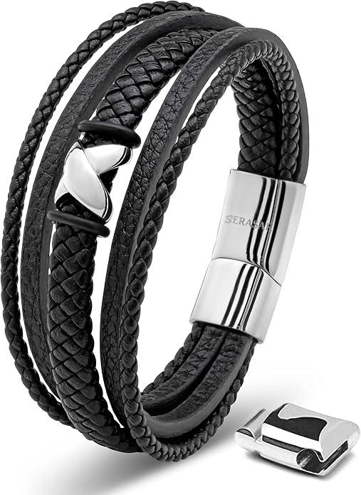 SERASAR Premium Leather Bracelet Men | Stainless Steel Magnetic Clasp | Three Colors | Jewelry Box Included